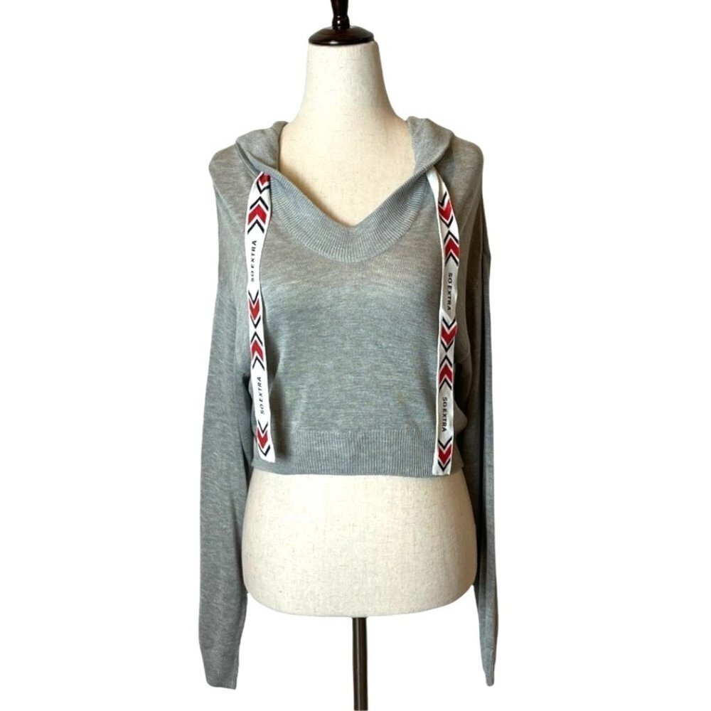Divided by H&M Sweater Women XS Gray Knit Cropped Hooded Logo Drawstring